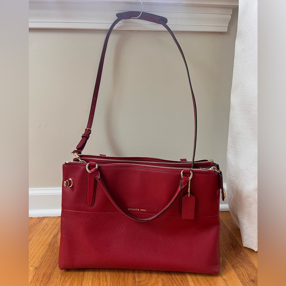 Coach Red Pebbled Leather Shoulder Borough Bag with removable cross body strap